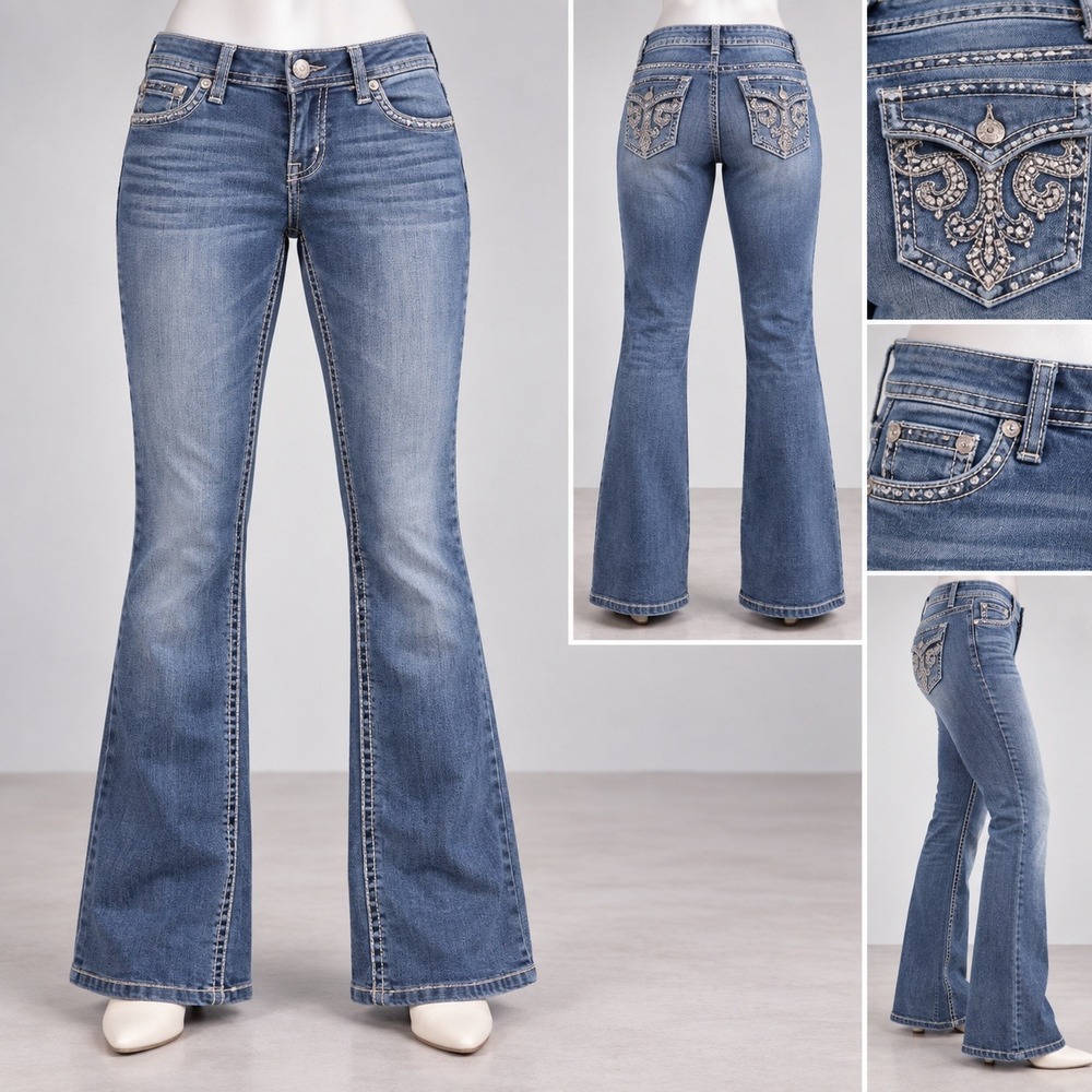 Grace in LA Bootcut Jeans Womens 29 Blue Embroidered Rhinestone Pockets